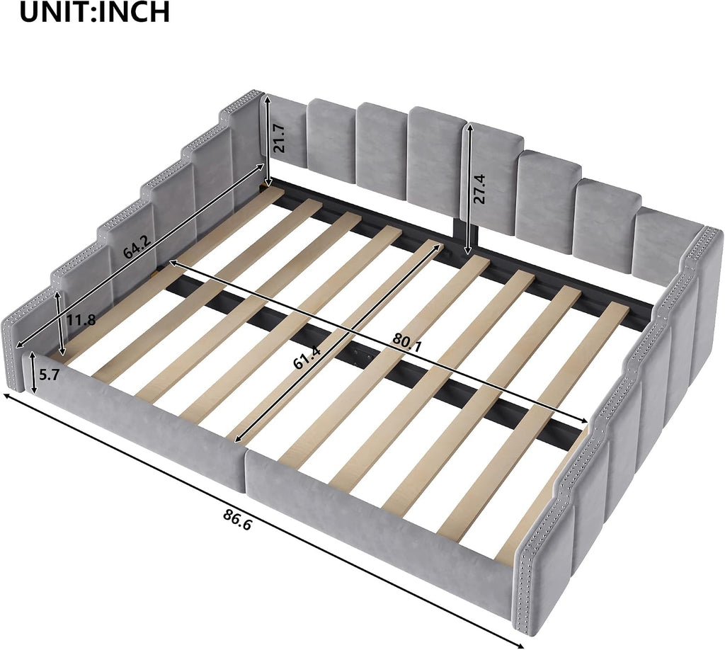 Upholstered Queen Size Daybed with Nailhead Trim, Velvet Platform Bed Frame, No Box Spring Needed, Gray | Velvet