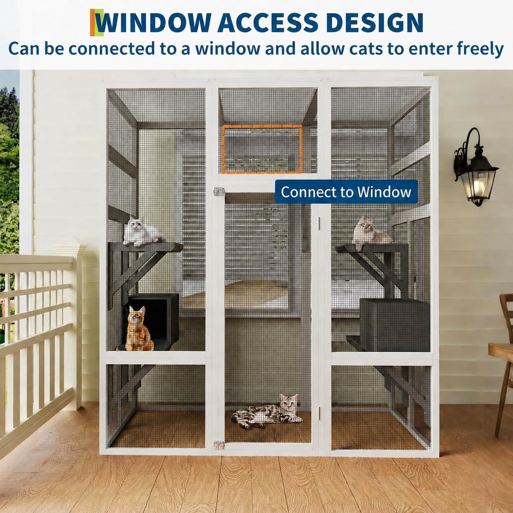 70" Large Catio Cat Enclosure, Wooden Patio Cat House, Gray