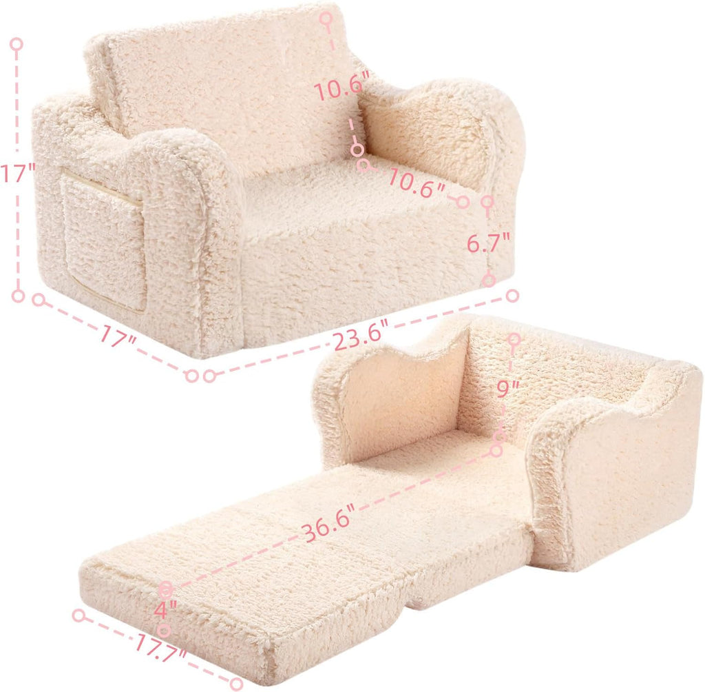 Kids Sofa Chair, in-1 Foldable Couch, Sherpa, Cream