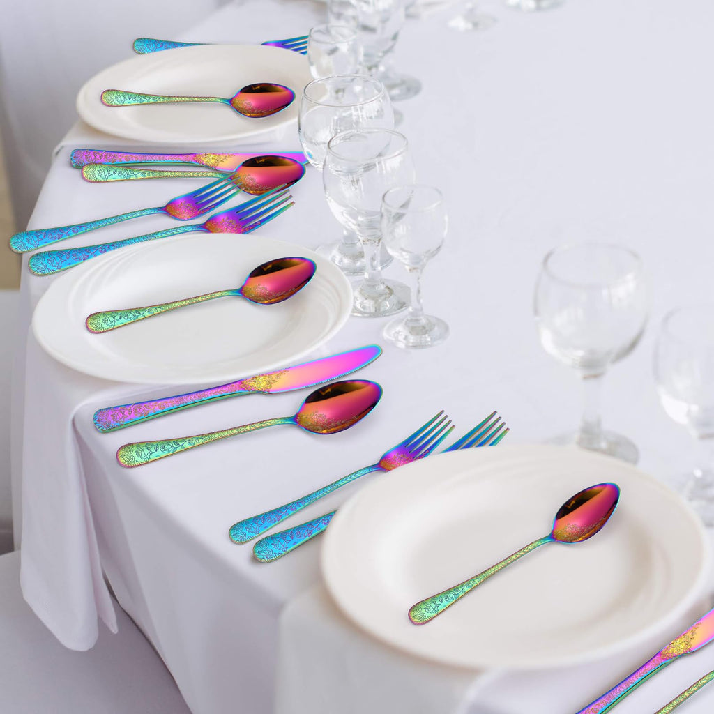 Embossed Flatware Set Rainbow 30 Piece Stainless Steel Silverware for 6 Cutlery with Floral Design Eating Utensils