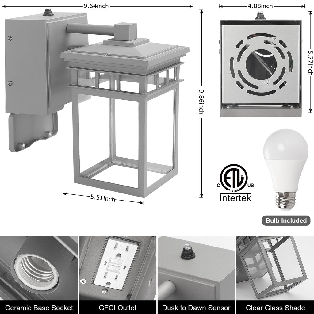 Outdoor Wall Sconce, Dusk to Dawn Porch Light with GFCI Outlet Built in