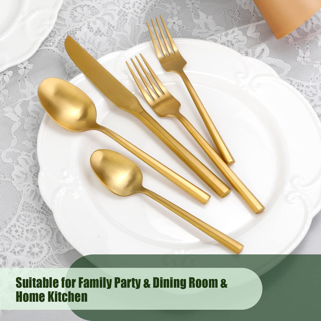 Gold Silverware Set Matte Finish Hexagon Handle Service for 8