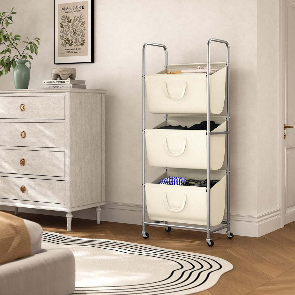3-Tier Vertical Rolling Laundry Hamper with Wheels & Removable Bags