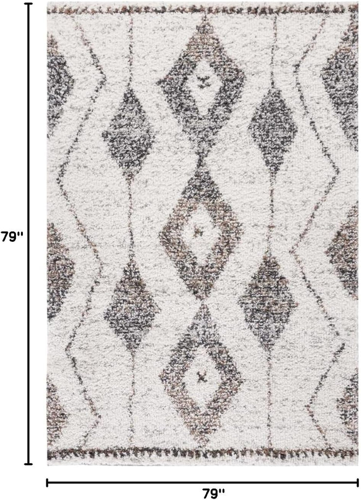 Jericho Shag Collection Area Rug - 6'7" Square, Ivory & Black, Moroccan Boho Design, Non-Shedding & Easy Care