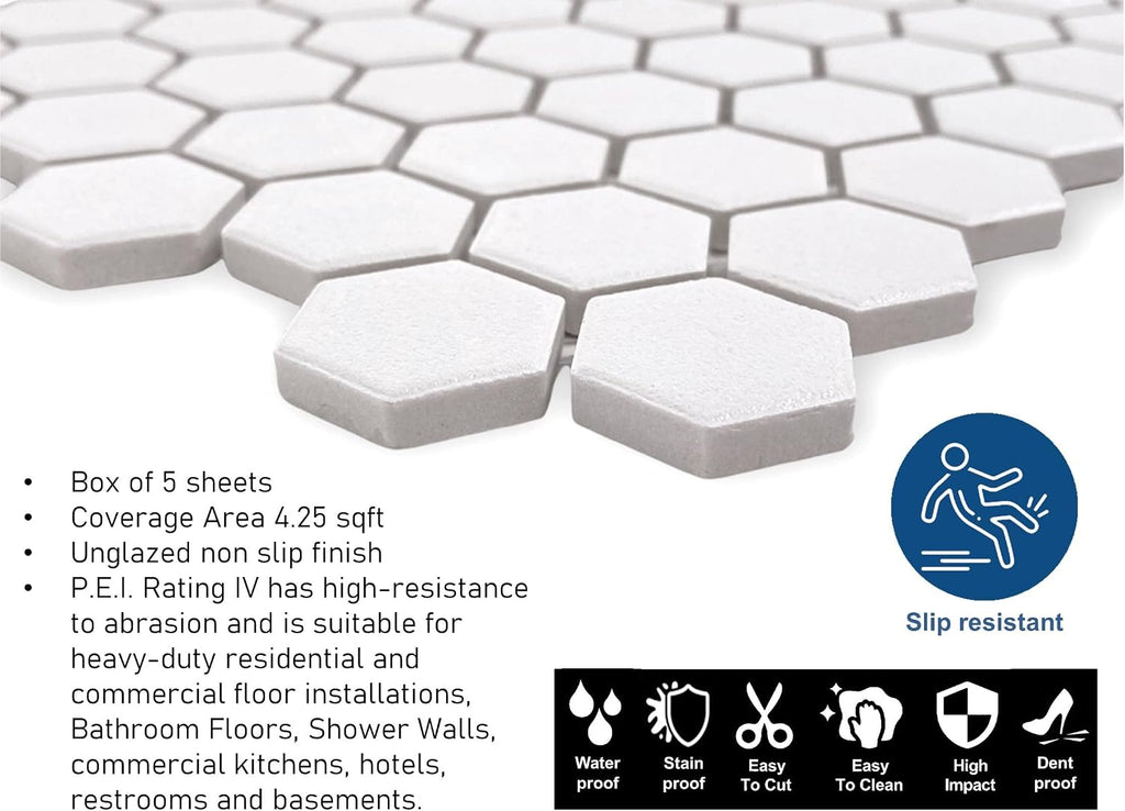 TDPW-UNSW1-410 Super White Porcelain 7/8 Inch Hexagon Unglazed Matte Finish 1x1 Mosaic Floor Wall Tile Shower