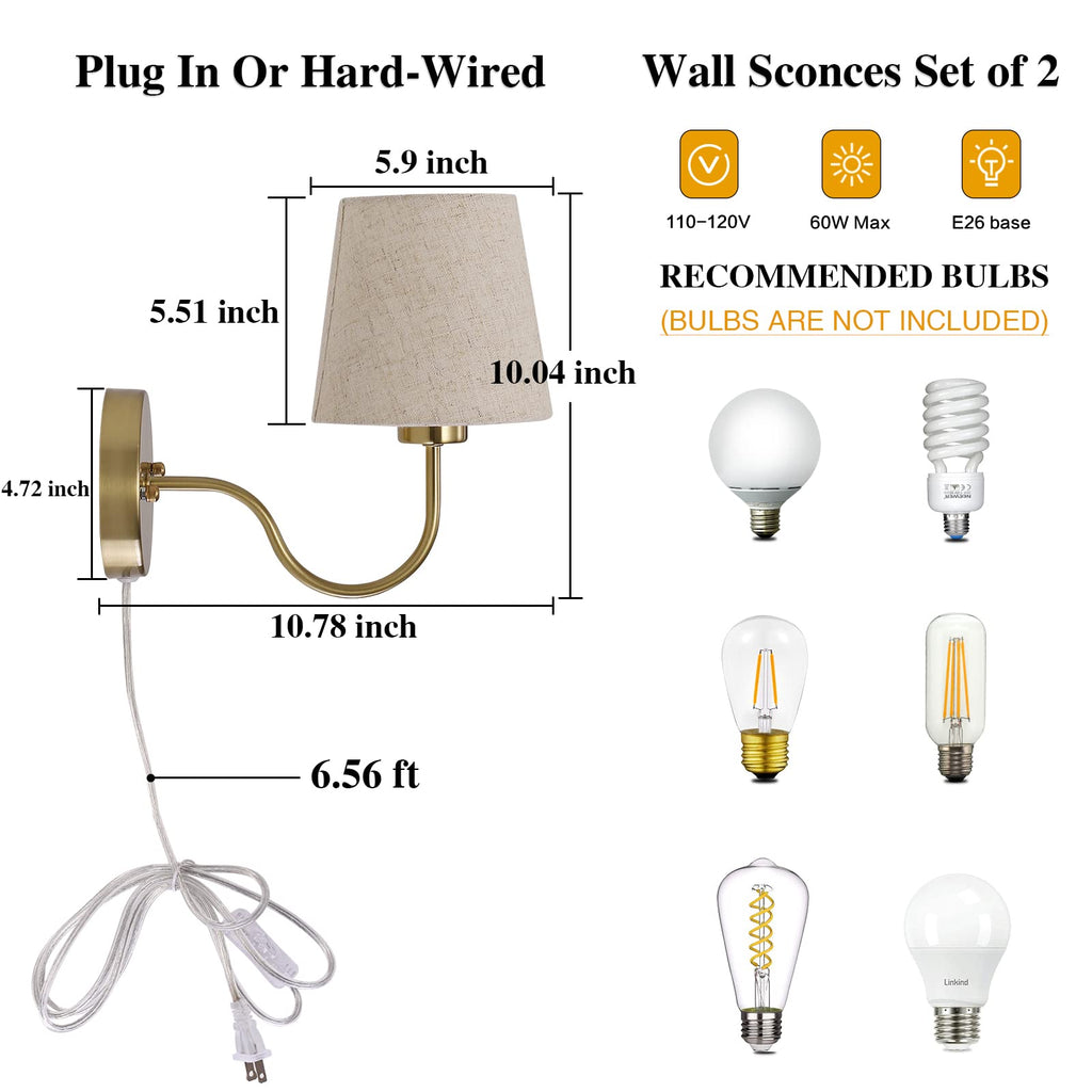 Plug in Wall Sconces Set of Two, Gold Bedside Wall Lamps Lights