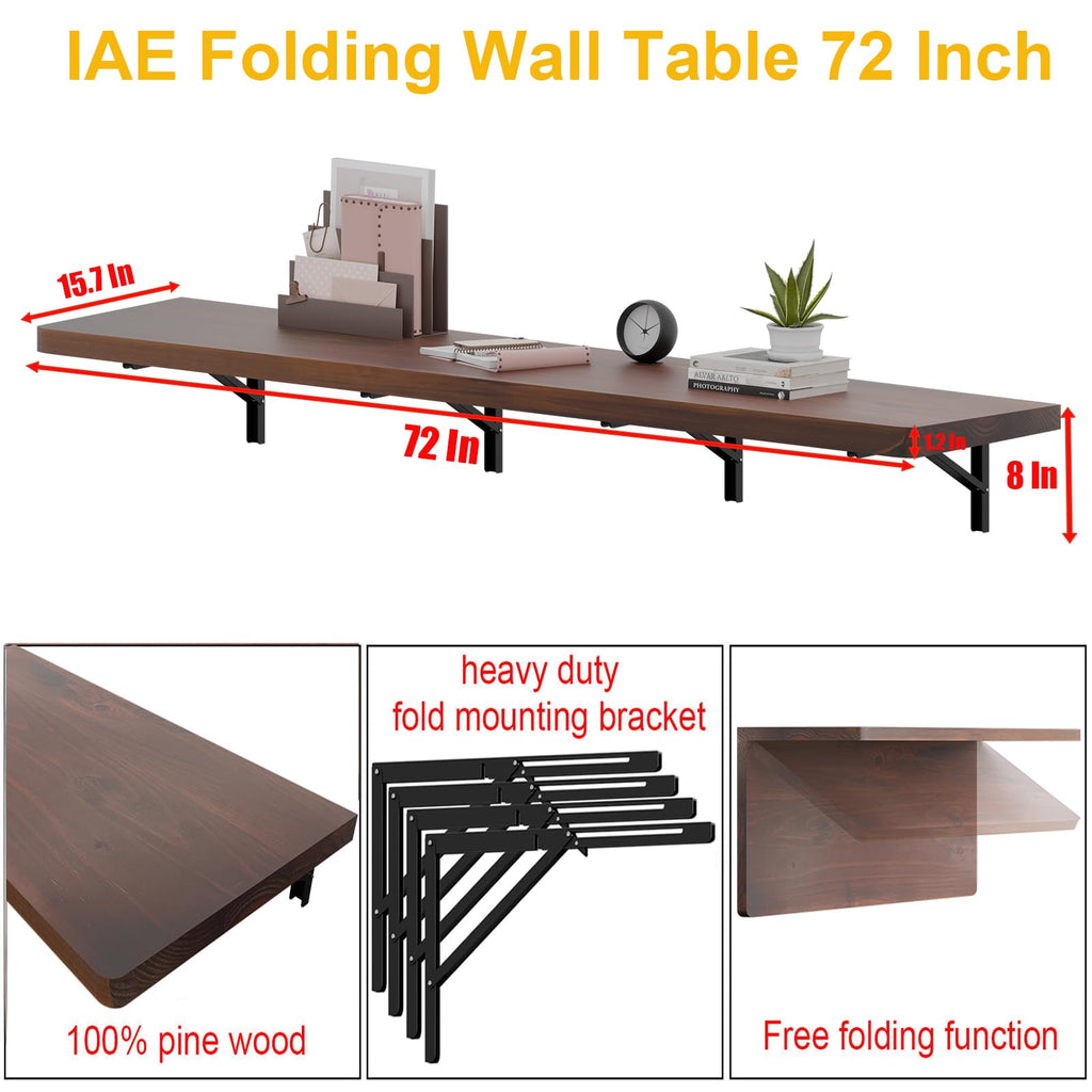 Wall Mounted Folding Table with Pine Wood, 72" x 16"Floating Wall Desk