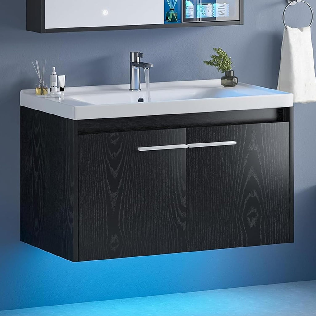 4ever2buy 31" Floating Bathroom Vanity with Sink, Modern Black Bathroom Vanity with LED Light