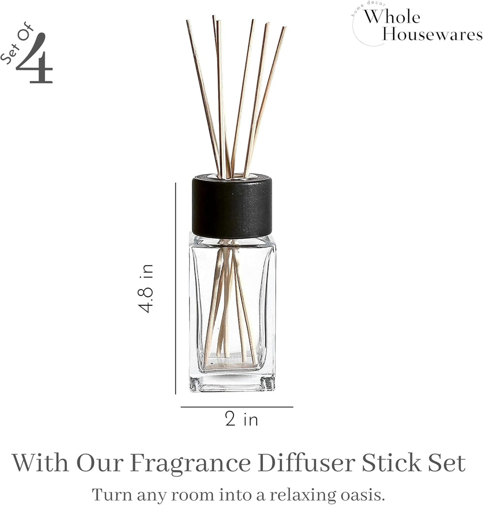 Natural Diffuser Reeds Bottles Sticks | Clear Glass Home Décor and Living Room | Black Wood Caps | Décorative - Set of 4