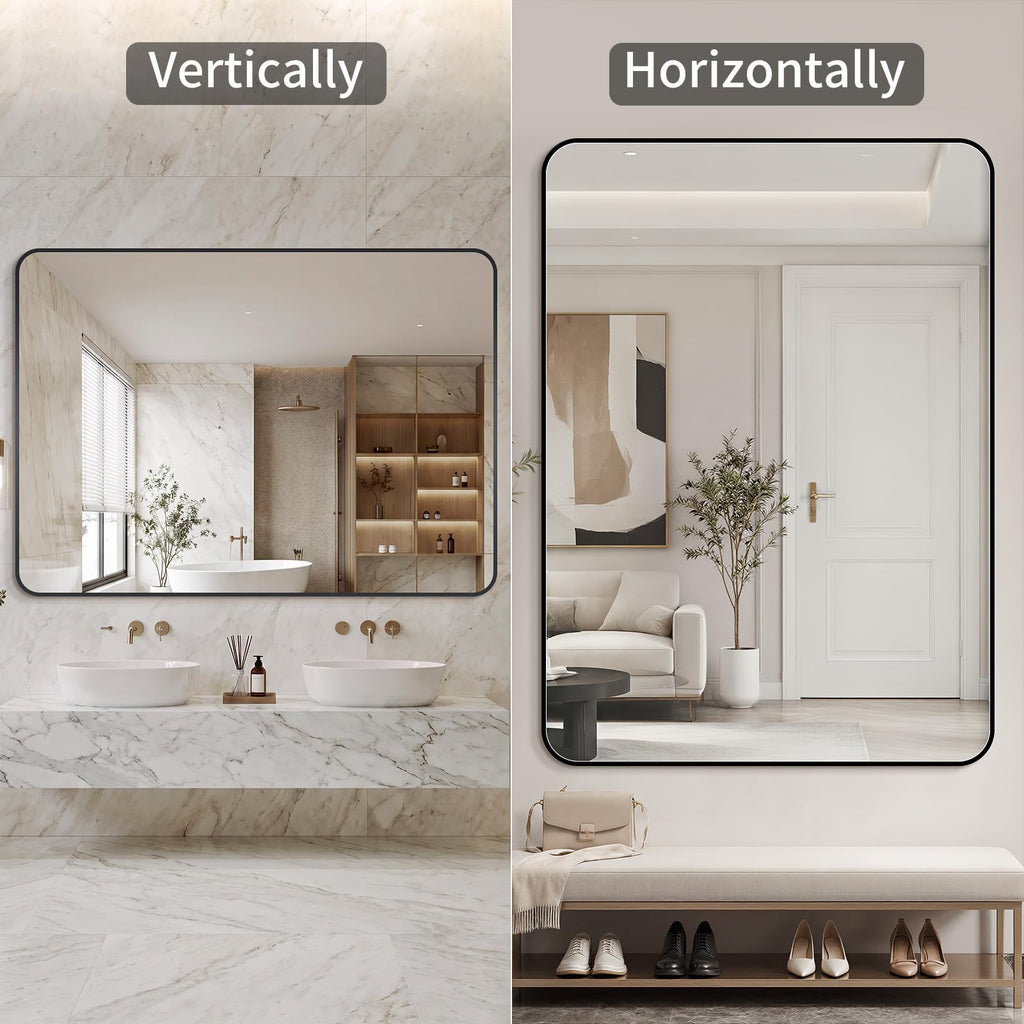 Bathroom Mirror, 30X36 Inch Black Metal Framed Mirror, Tempered Glass, Anti-Rust, Rounded Rectangle Mirror for