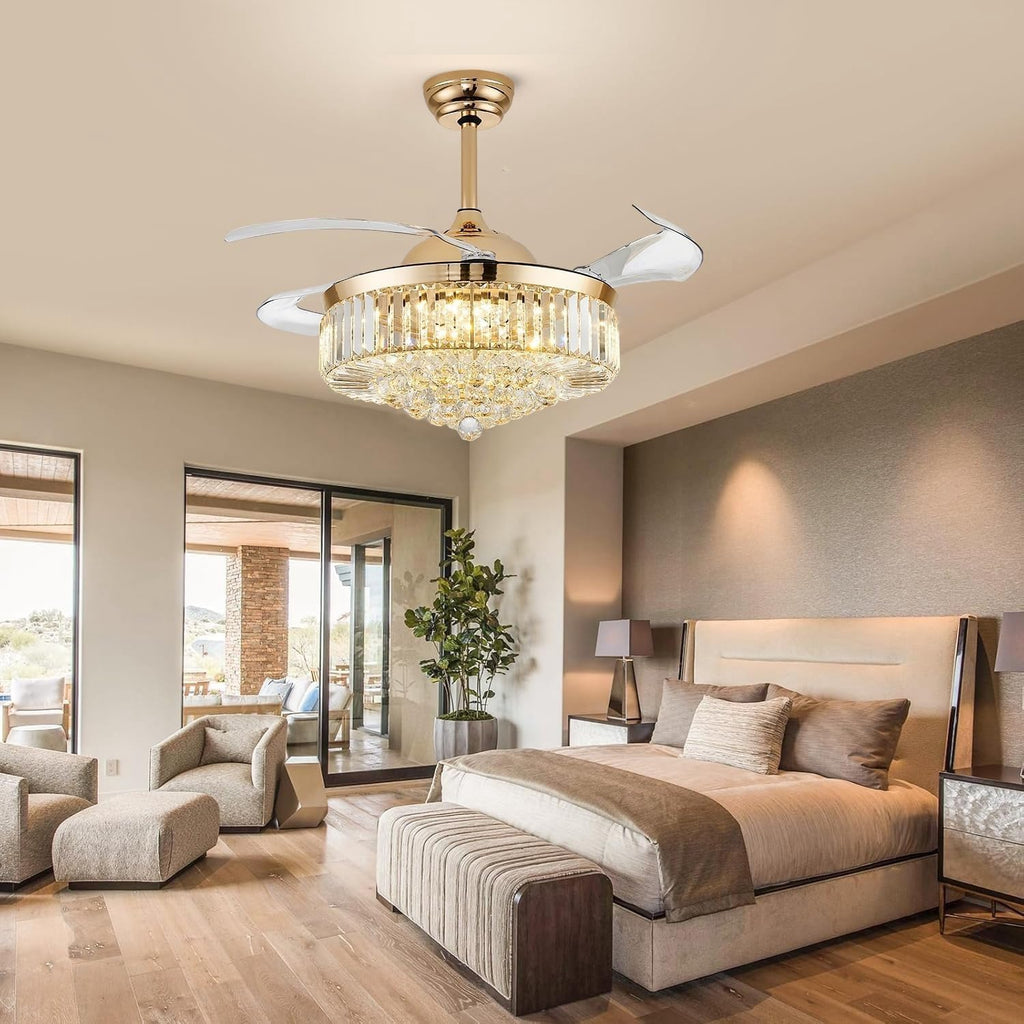 42'' Fandelier Ceiling Fans with Light, Chandelier Ceiling Fan, Retractable Crystal Ceiling Fan , 3 Color Change