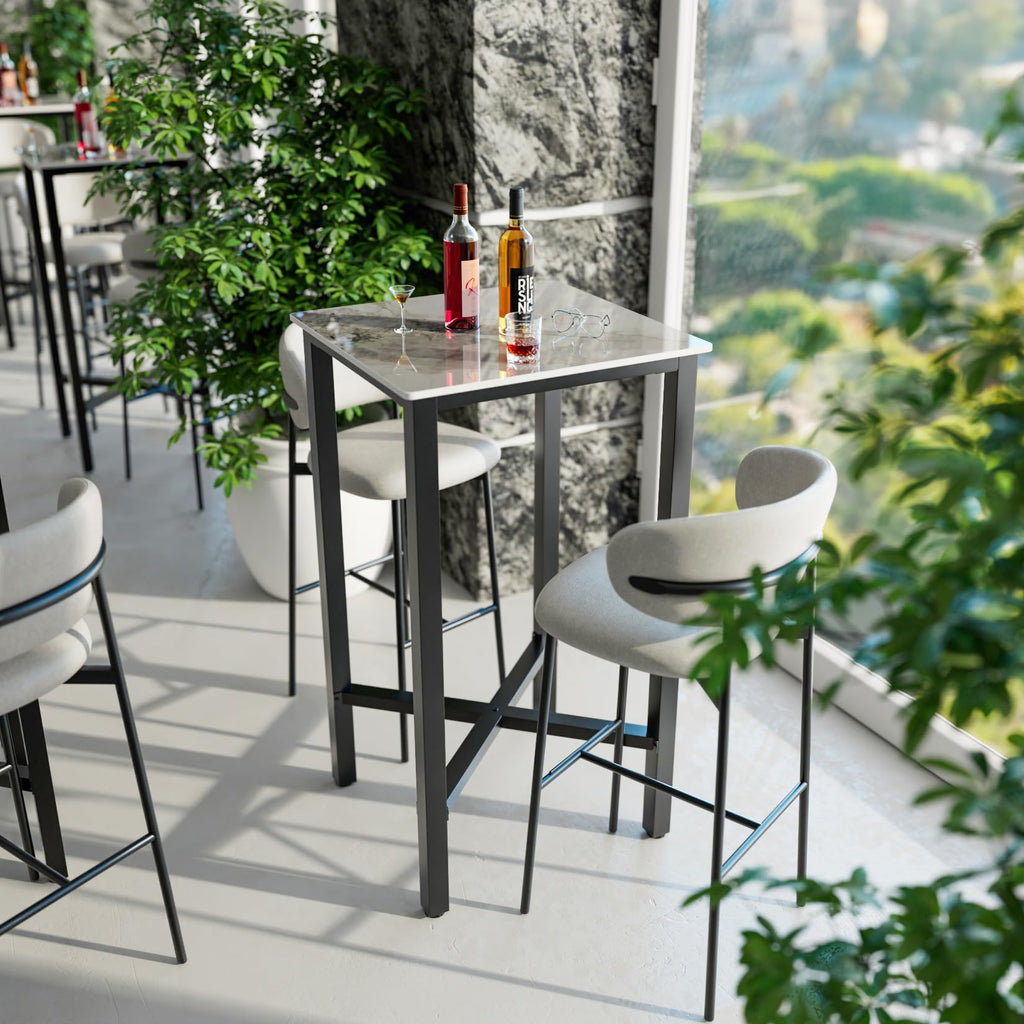 Sintered Stone Bar Table: White Counter Height Dining Table with Black Metal Frame - High Top Pub Tables for Narrow