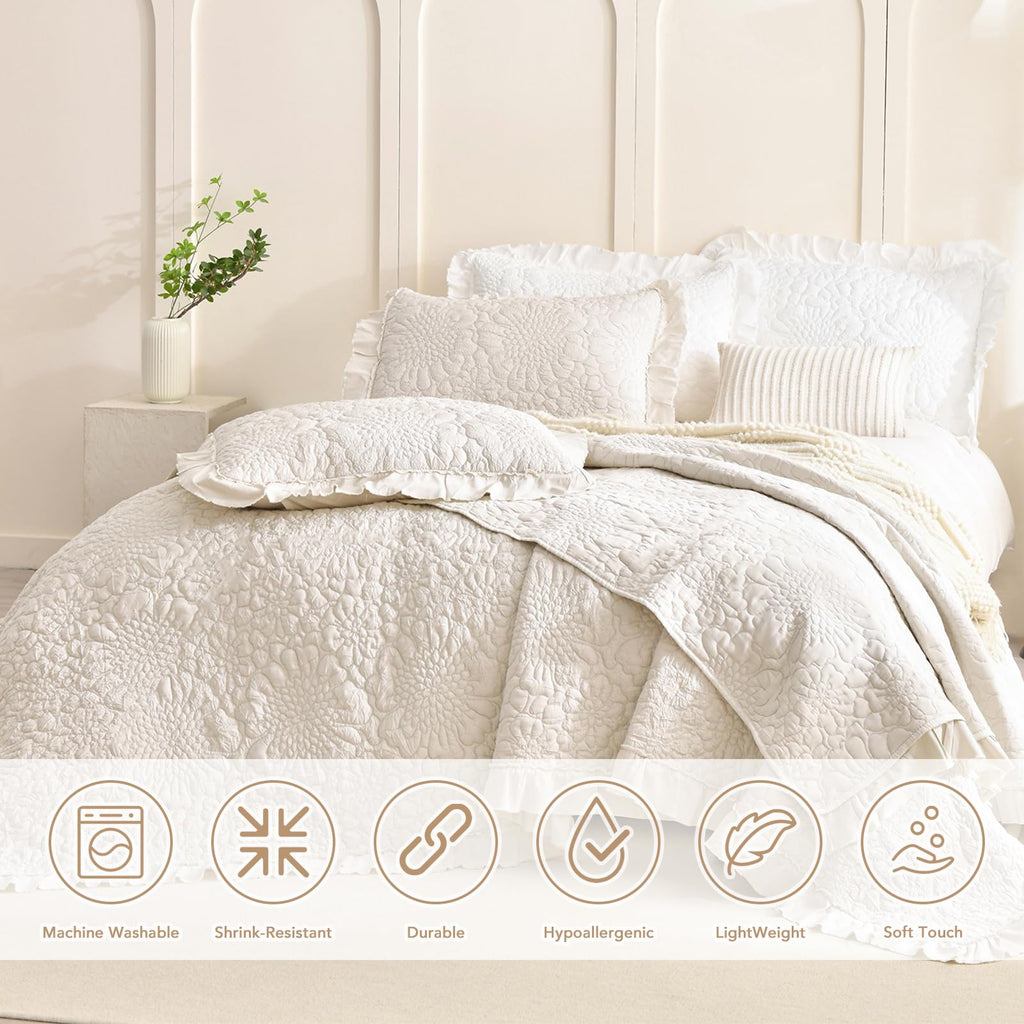 Wheat Quilt Sets, Stone-Washed Lightweight Ruffle Coverlet, 3Pcs Quilted Crinkled Shabby Bedspread Set