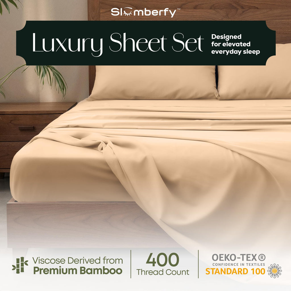 4-Piece 400 TC Viscose Derived from Bamboo Sheets - 1 Fitted, 1 Flat, 2 Pillow Cases - Deep Pocket Cooling