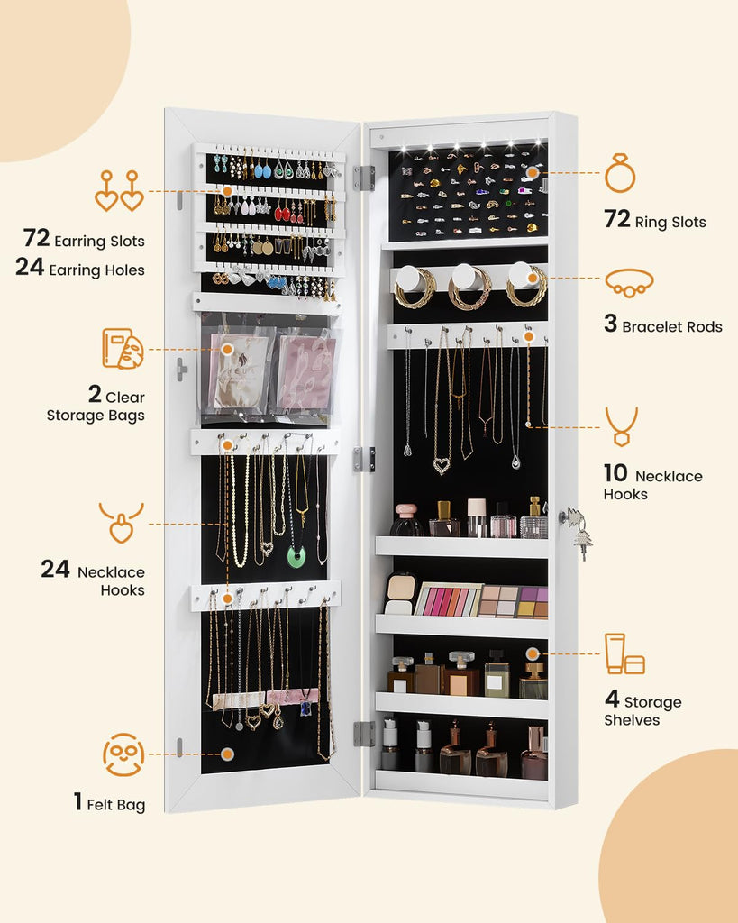 Over The Door Jewelry Organizer, 6 LED Wall Mounted Jewelry Cabinet