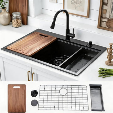 33 Inch Black Drop Sink, 33x22 Top Mount Workstation Handmade 16 Gauge Single Bowl Stainless Steel Sink with cutting