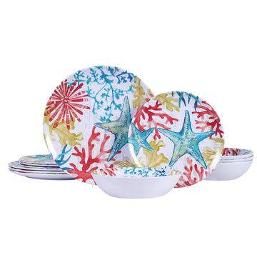 Melamine Dinnerware Set for 4 - 12-Piece Starfish Coral Design Plates and Bowls, Ocean Dishes set, Unbreakable Dinner
