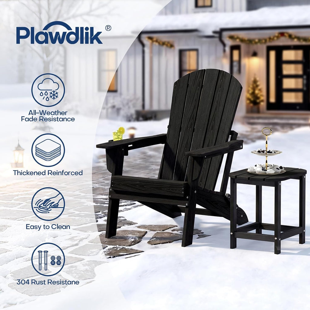 HDPE Folding Adirondack Chair Set of 2 with Cup Holder, Black | SGS Tested, Wooden Textured, Heavy All-Weather HDPE