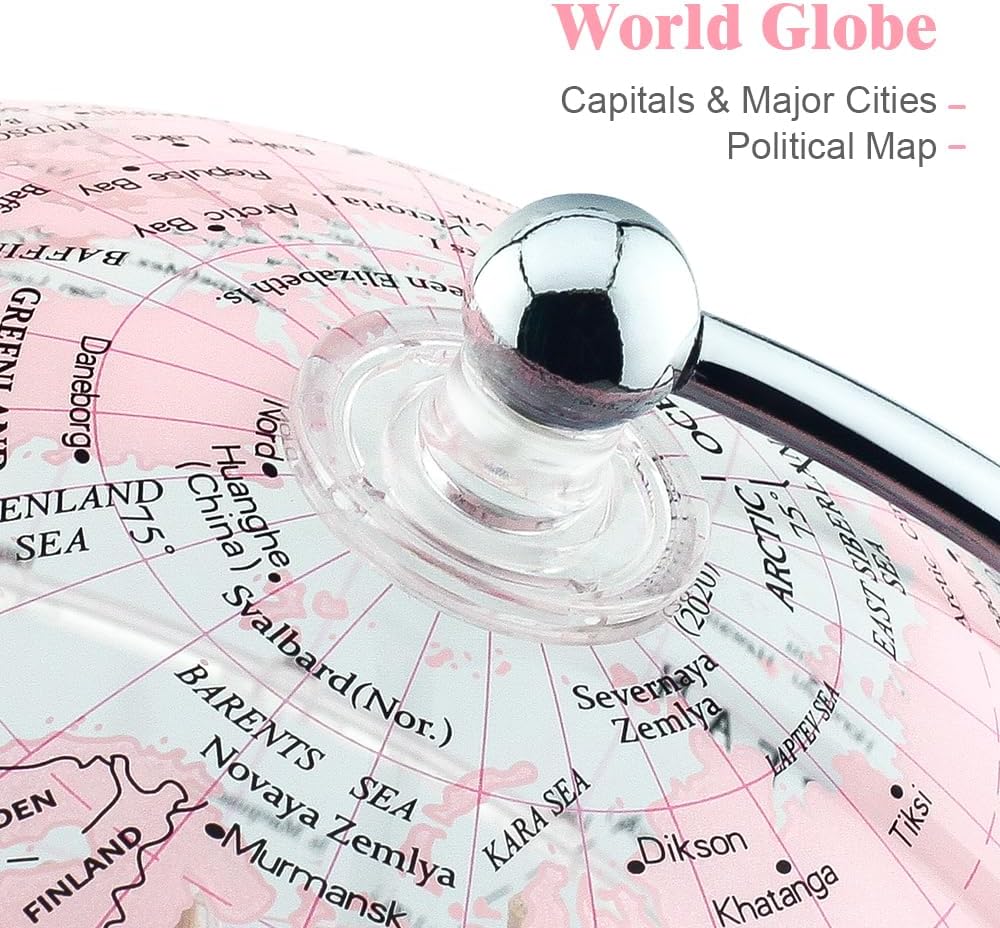 Decorative 8" Pink Earth Globe with Stand - Rotating Desktop Map for Kids, Educational World Globe with Detailed Map