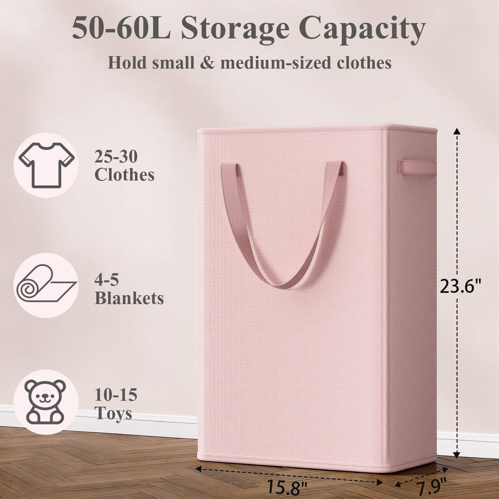 50L Pink Slim Laundry Hamper, Narrow Laundry Basket with Handles, Baby Girl Hamper, Collapsible Laundry Basket