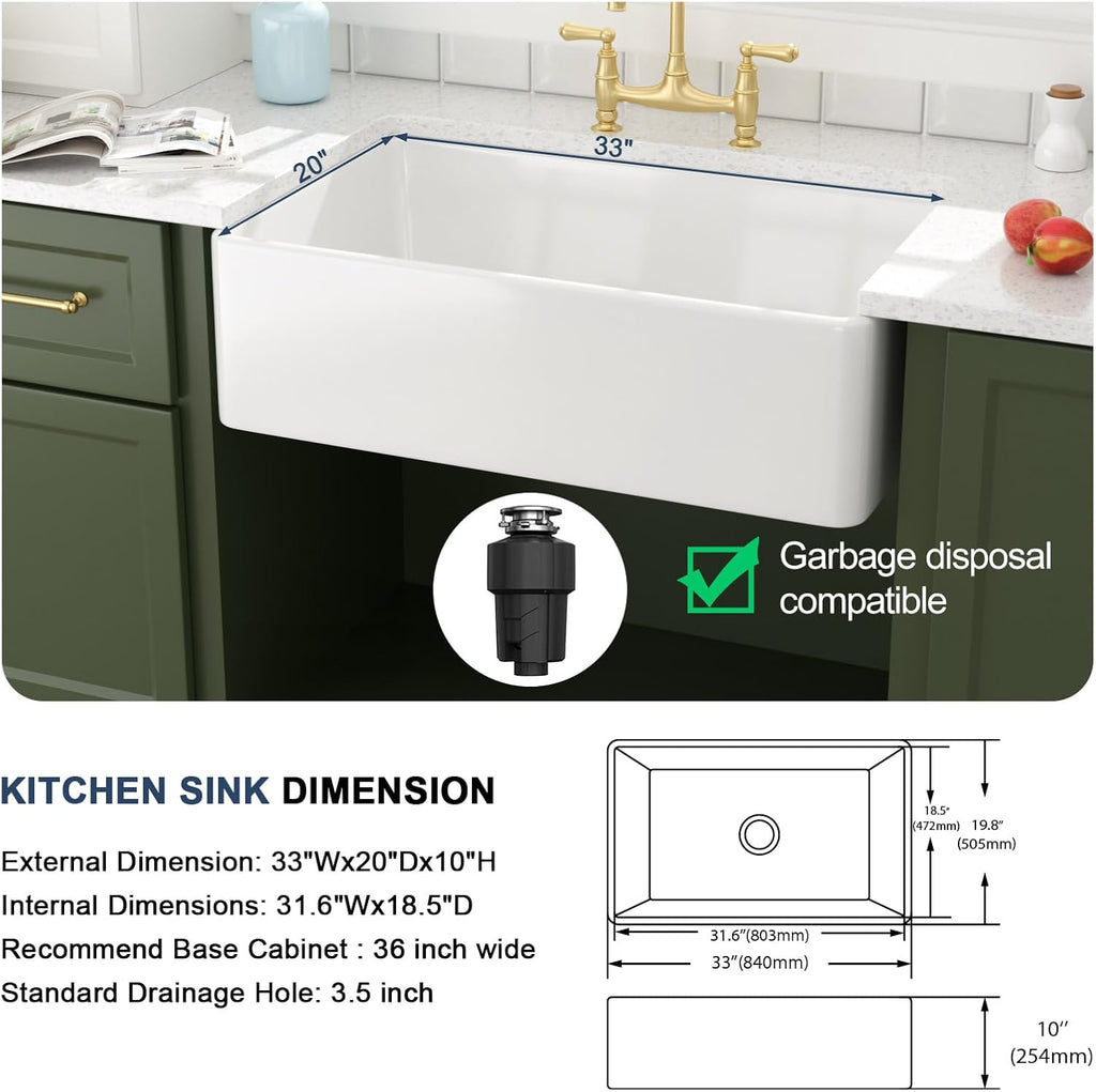 33 Inch White Farmhouse Sink Solid Fireclay | 33"x20"x10" Larger Apron Front Farm House Farmer Style Sinks, Easy to