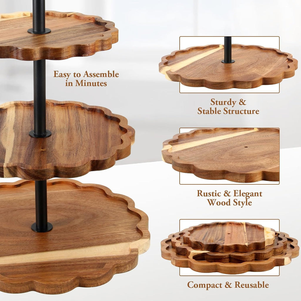 3 Tier Cupcake Stand Scalloped Wooden Dessert Display Stand Brown Tiered Serving Tray for Wedding Birthday Bridal