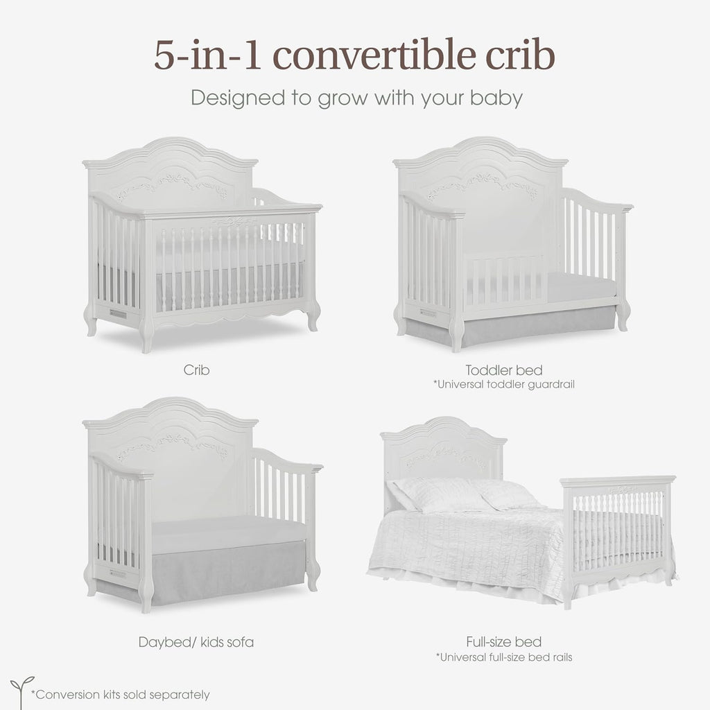Aurora 5-in-1 Convertible Full Size Baby Crib, Frost White | Wooden Nursery, 3-Position Mattress Support, Converts to