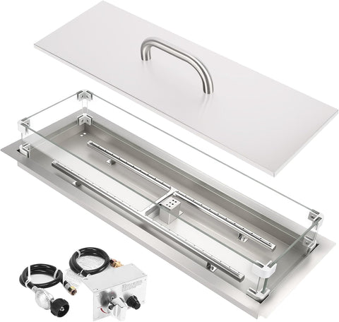 30 x 10 Inch Drop-in Fire Pit Kit, Premium Stainless Steel Modern Fire Trough with Tempered Glass Wind Guard, Burner Pan