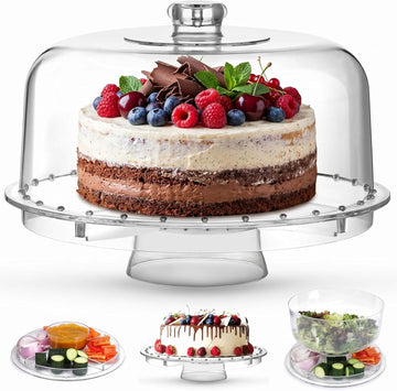 12" Extra Large 6-in-1 Acrylic Cake Stand with Dome Lid, Multifunctional Serving Platter for Cookie, Fruits, Punch