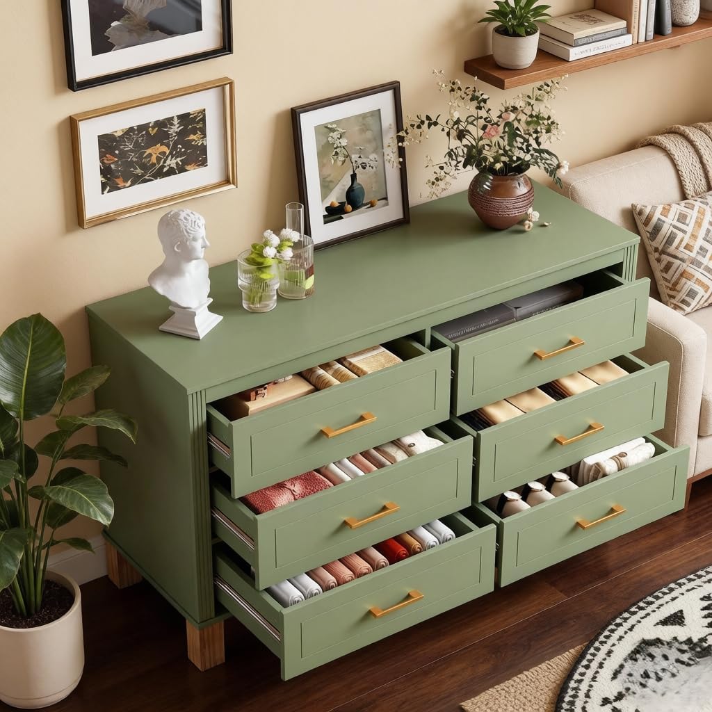 Modern 6 Drawers Double Dresser with Metal Handles for Bed Room, Sage Green | Dresser Chest of Drawers with Solid