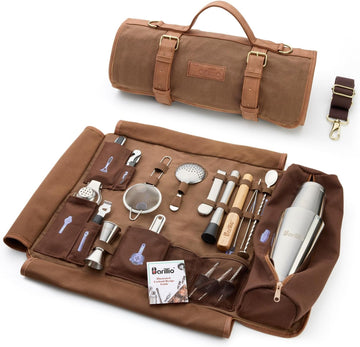 Bartender Kit Bag with Cocktail Shaker Set - Waxed Canvas, Traveling Bar Tools Bag with 17-Pc Cocktail Kit - Travel