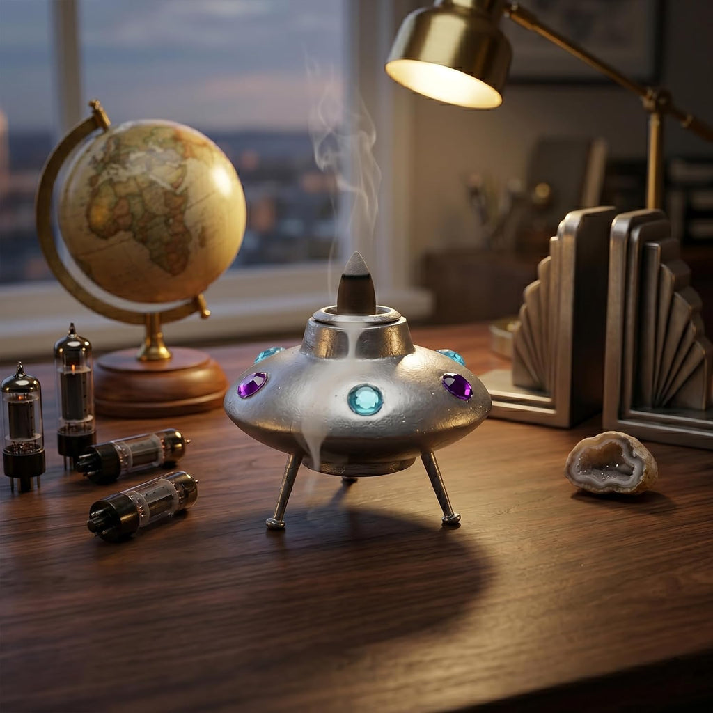 Space Ship Backflow Incense Burner - 2 Inch Mini Resin Fountain Holder for Meditation, Relaxation, Aromatherapy &