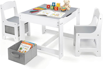 Wood Toddler Table and Chair Set, Kids Activity Desk, White Gray