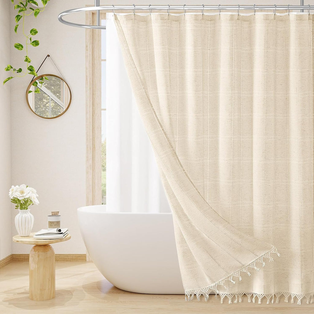Linen Boho Farmhouse Shower Curtain Set with Tassel, Modern Bohemian French Country Chic Bathroom Shower Curtain Set