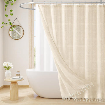 Linen Boho Farmhouse Shower Curtain Set with Tassel, Modern Bohemian French Country Chic Bathroom Shower Curtain Set