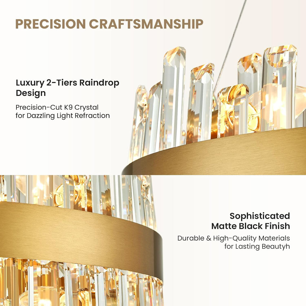16-Light Modern Crystal Chandelier, Large Gold Round 2-Tiers K9 Crystal Chandelier, Luxury Flush Mount Crystal