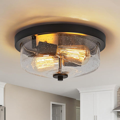 Black Flush Mount Ceiling Light Farmhouse Outdoor Porch Light Fixtures With Seeded Glass Shade