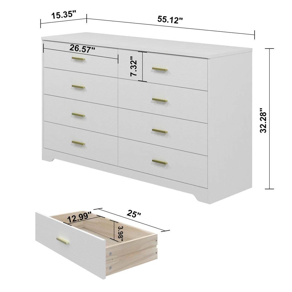 8 Drawer Wood Lateral Dresser, Big Wide Chest of Drawers Storage Organizer with Metal Gold Handles Home Bedroom