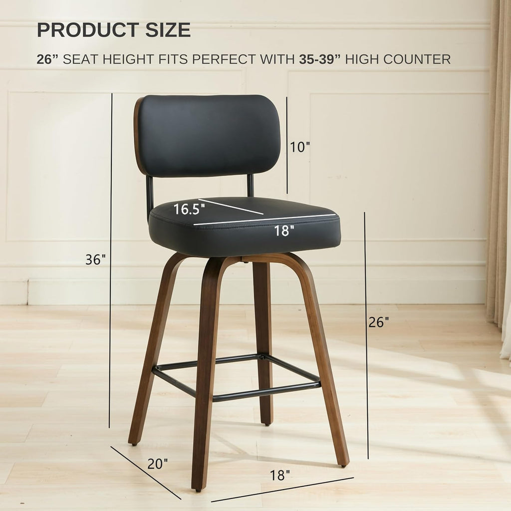 Swivel Bar Stools Set of 3, 26" Upholstered Counter Height Bar Stools with Back and Walnut Wood Legs, Faux Leather