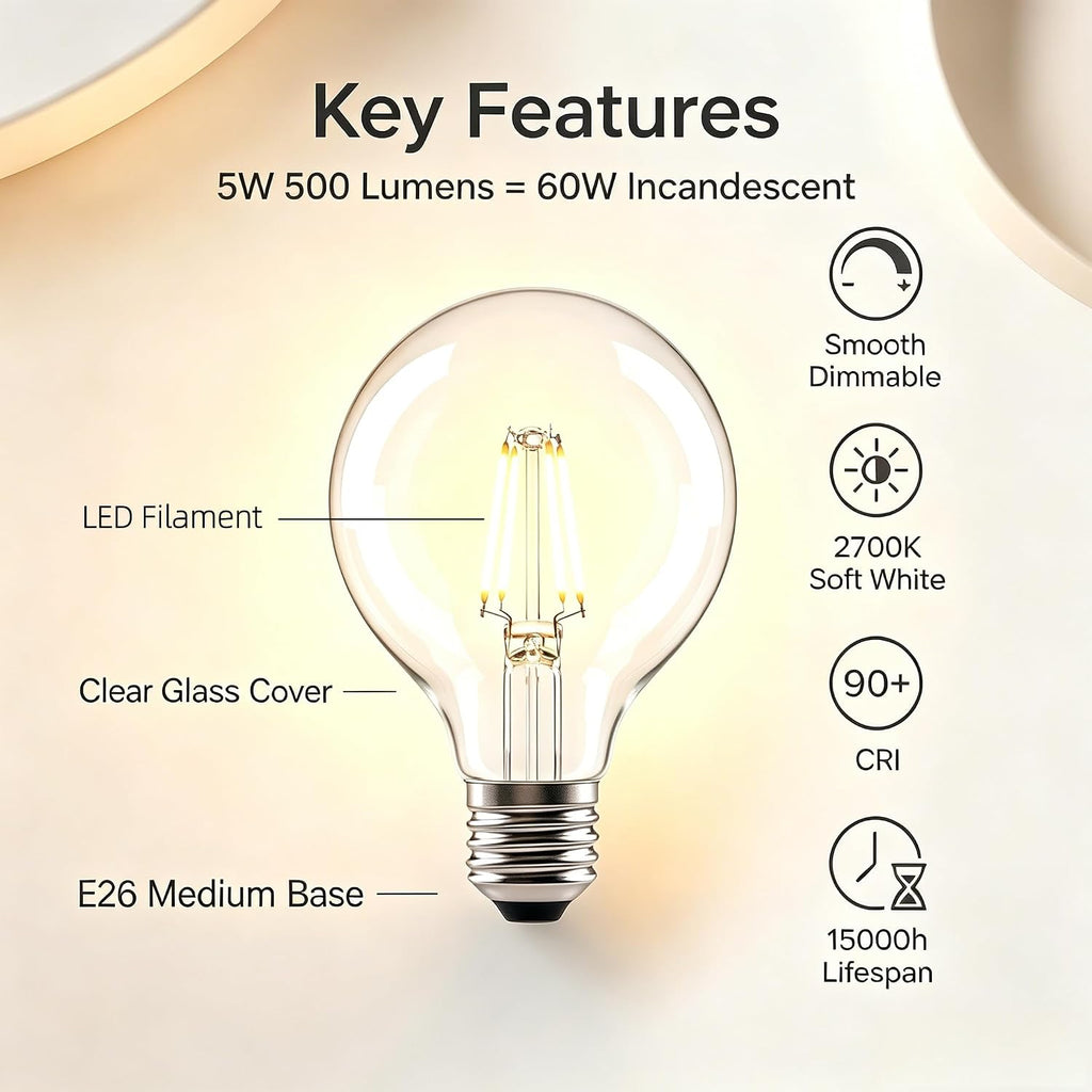 G25 LED Globe Light Bulbs, 60W Equivalent 500 Lumens, E26 Base Dimmable 2700K Soft Warm White, CRI 90+ Edison Vanity