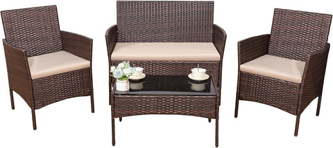 4 Pieces Outdoor Patio Furniture Set, PE Rattan Wicker Chairs Balcony Lawn Porch Patio Furniture Sets with Beige