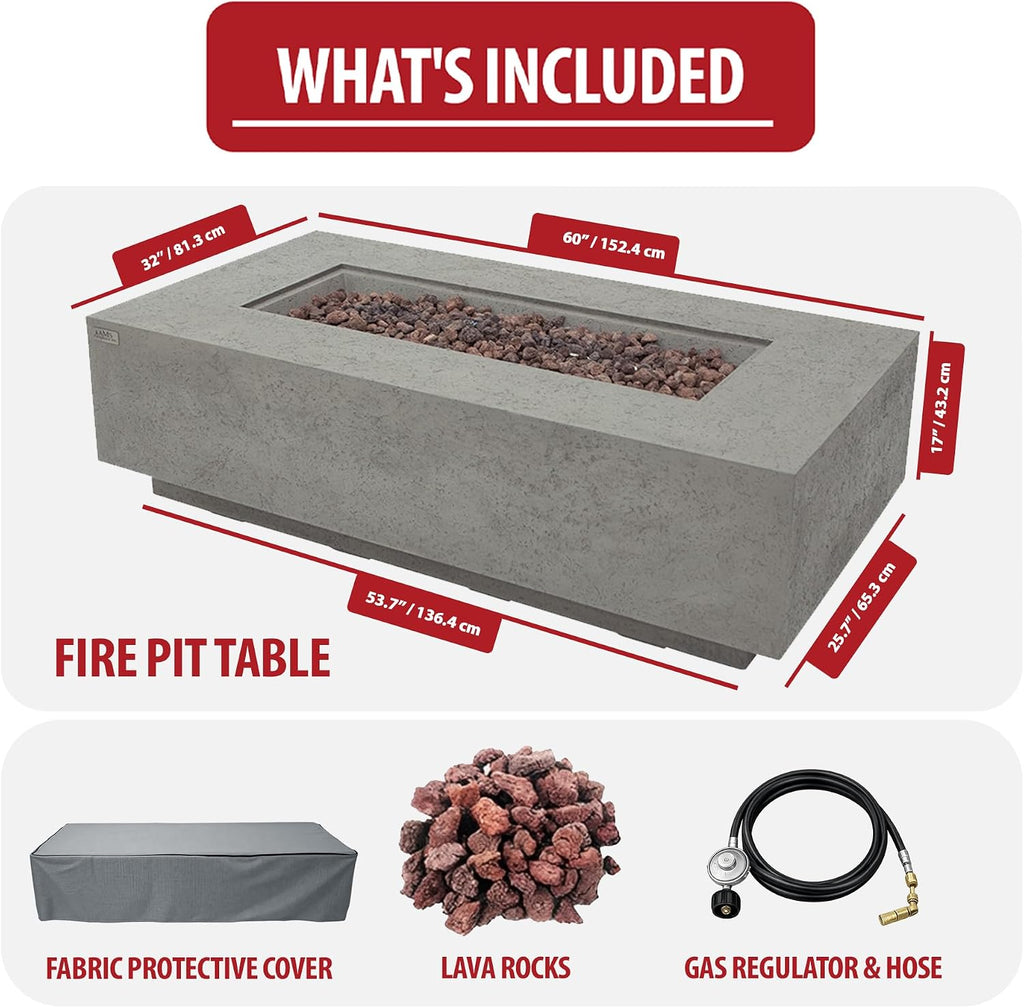 AMS 60" Rectangular Concrete GFRC Propane Gas Fire Pit Table (Light Gray) | (Madison) Limestone Texture Fire Pit
