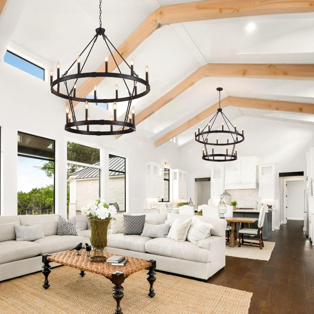 Inspired Camino Style Chandelier - Two Tier Wagon Wheel, 20-Light Black Farmhouse Chandelier W38" x H41"