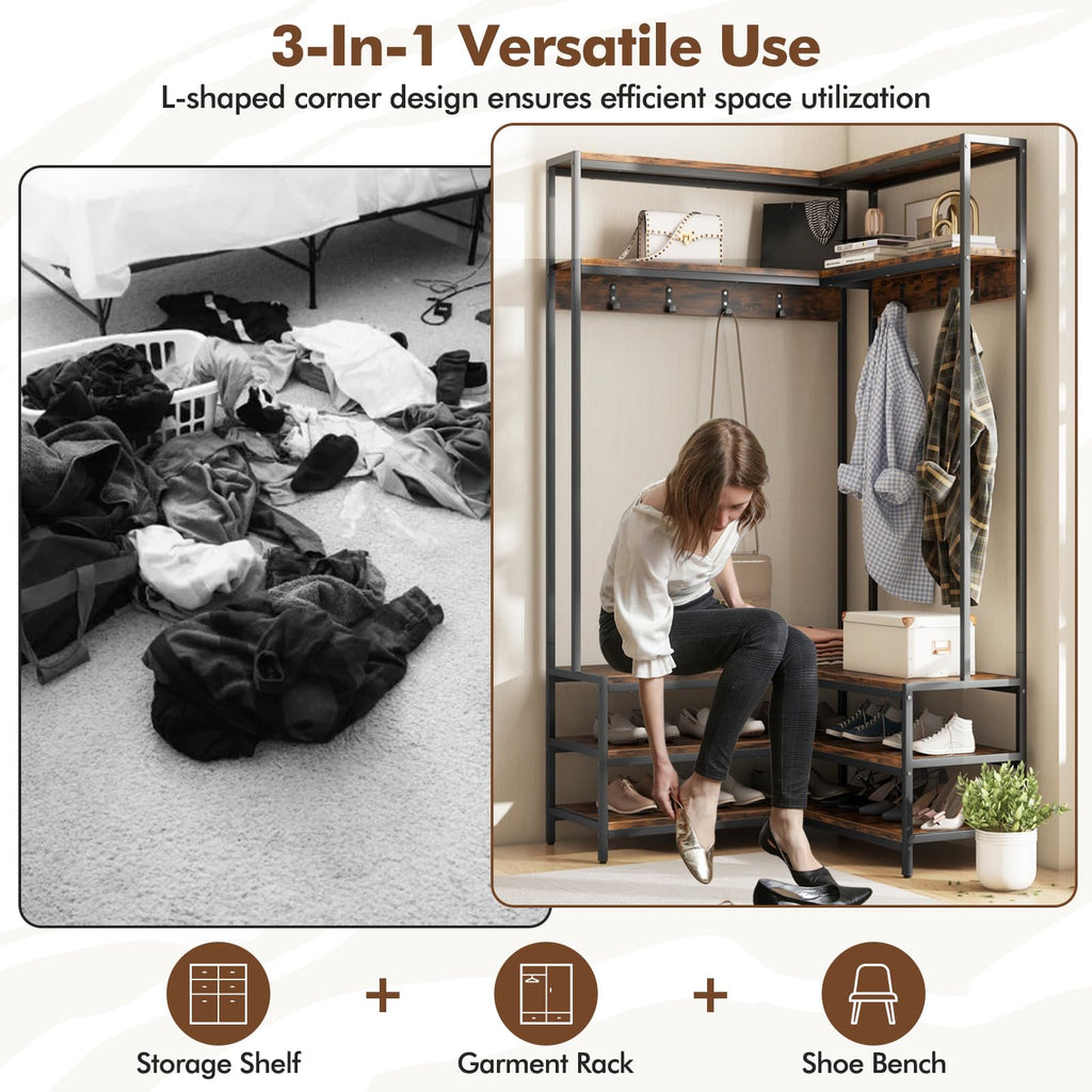 Corner Hall Tree, 70 Inch Coat Rack with Bench and Shoe Storage, Entryway Furniture with 7 Hooks, Heavy Duty Metal