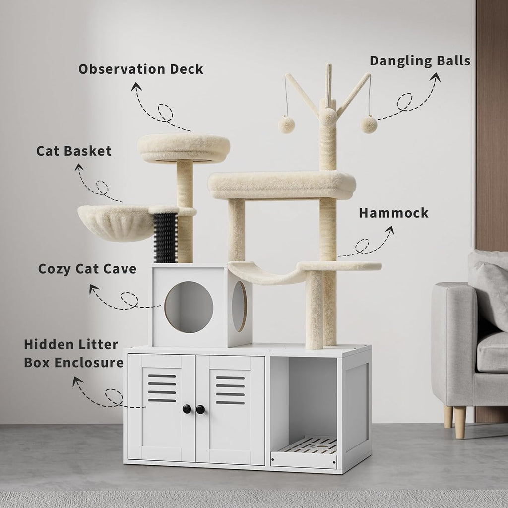 Litter Box Enclosure with Cat Tree Tower and Condo Hidden Cat Washroom
