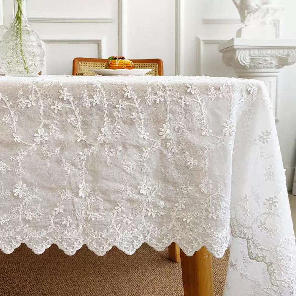 Beige Floral Embroidered Lace Tablecloth, Elegant Scalloped Edge Design, Vintage Farmhouse Style, Banquet, Wedding