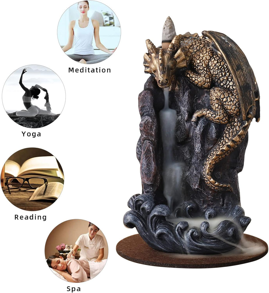 Dragon Backflow Incense Holder Waterfall Incense Burner, with 100 Backflow Incense Cones,1 Mat,1 - Set of 4