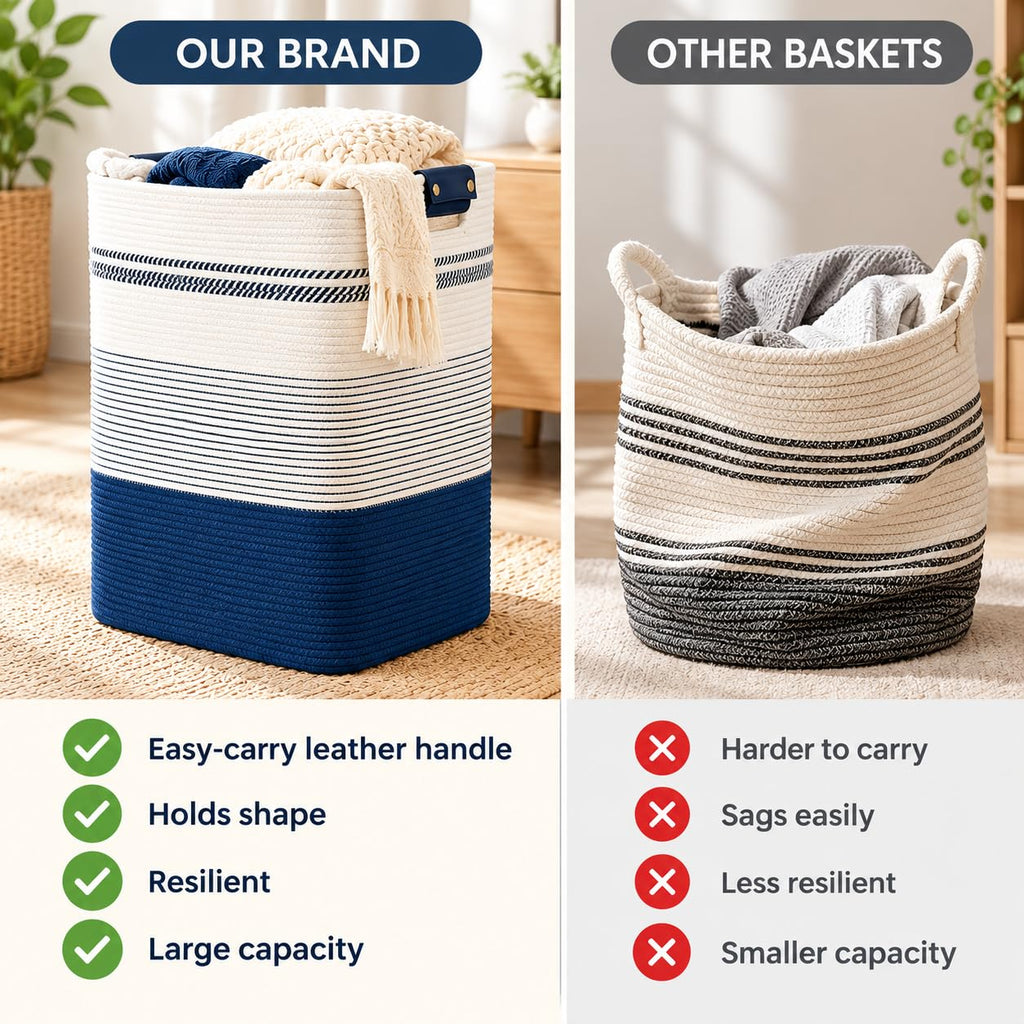 Laundry Hamper, Cotton Rope Laundry Basket with Leather Handles, 25.1-Gallon/95 L Large Clothes Hampers for Laundry