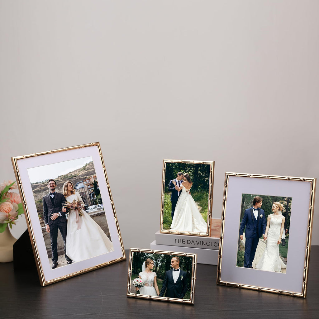 8x10'' Bamboo Detail Gold Metal Picture Frame with Acid Free Mat for 5x7'' Set of 2, Narrow Gold Plated Photo Frames 5