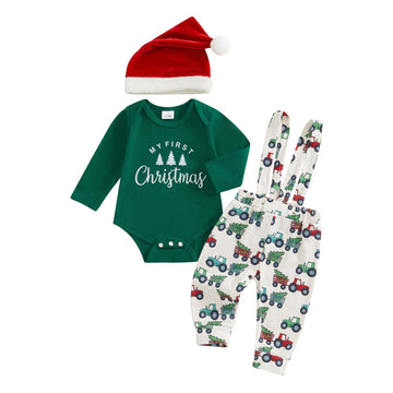 Christmas Newborn Baby Boy 3PCS Clothes Set Infant Long Sleeve Romper Cute Pattern Suspender Pants Overalls Outfits
